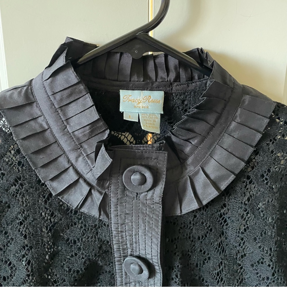 Tracy Reese Black Lace Ruffle Cropped Button Front  Blazer Jacket Size Large - Picture 3 of 9